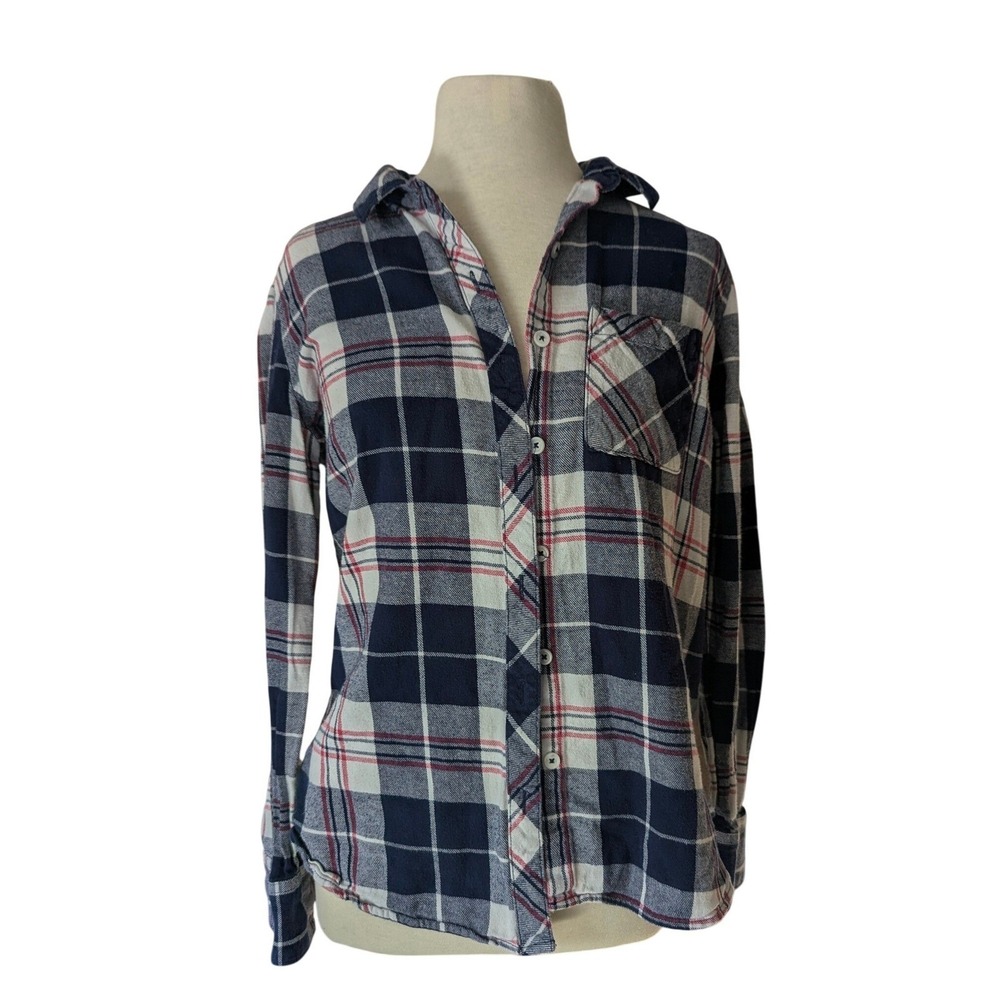 Woolrich Flannel Shirt Navy Blue White Red Plaid Cotton M Long Sleeve Pocket